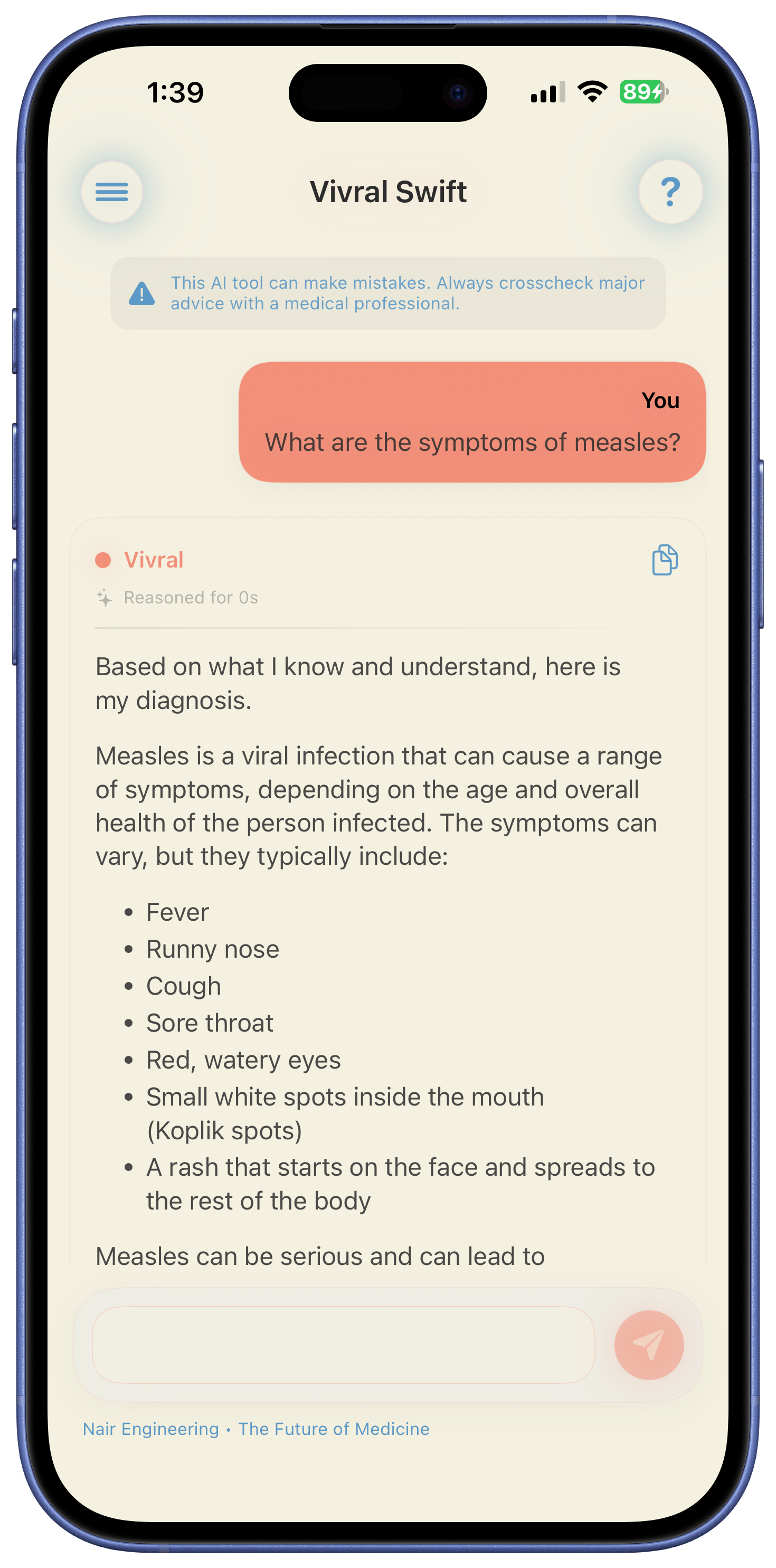 Vivral answering a health question on iPhone