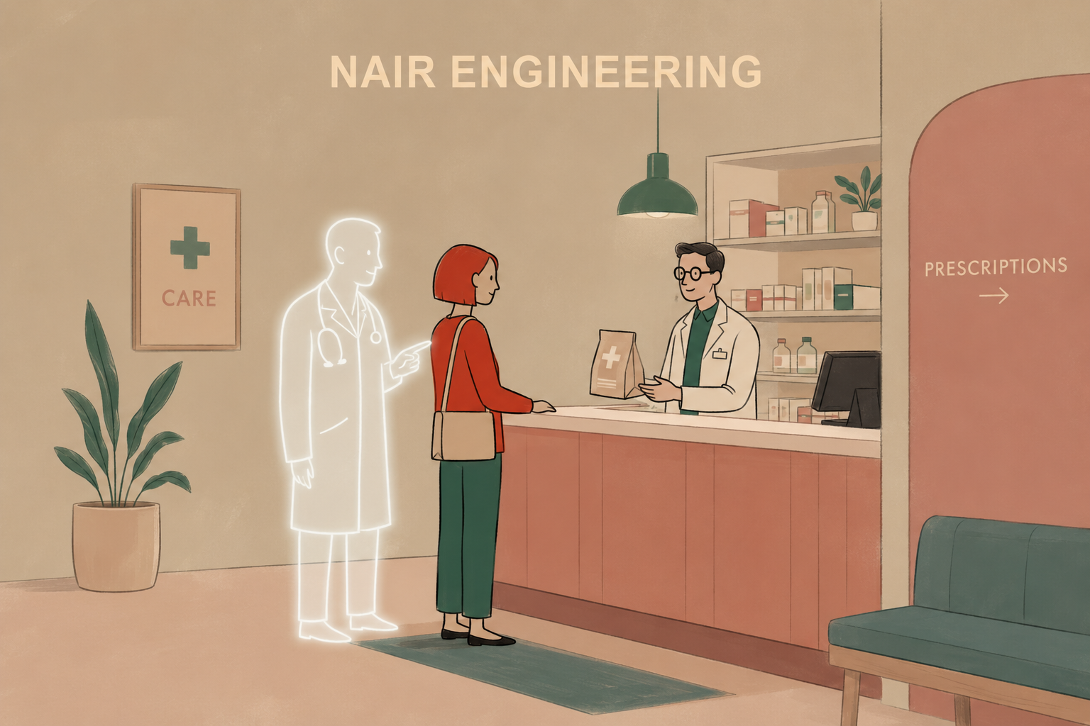 An illustration of a patient at a pharmacy counter.